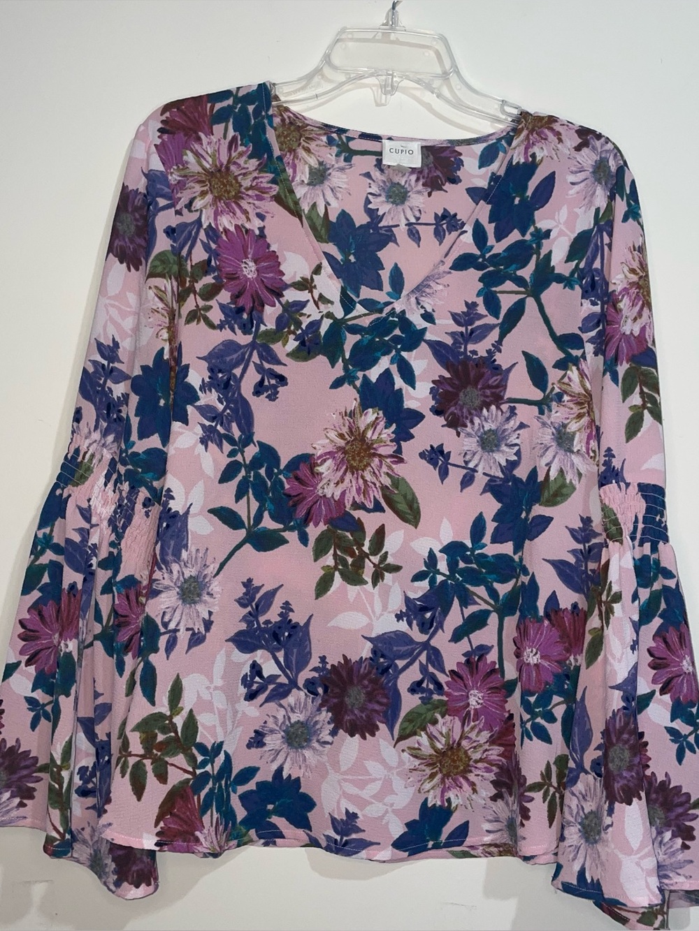 Cupio Pink Flare Sleeve Floral Pattern L Blouse Boho Fairy Workwear